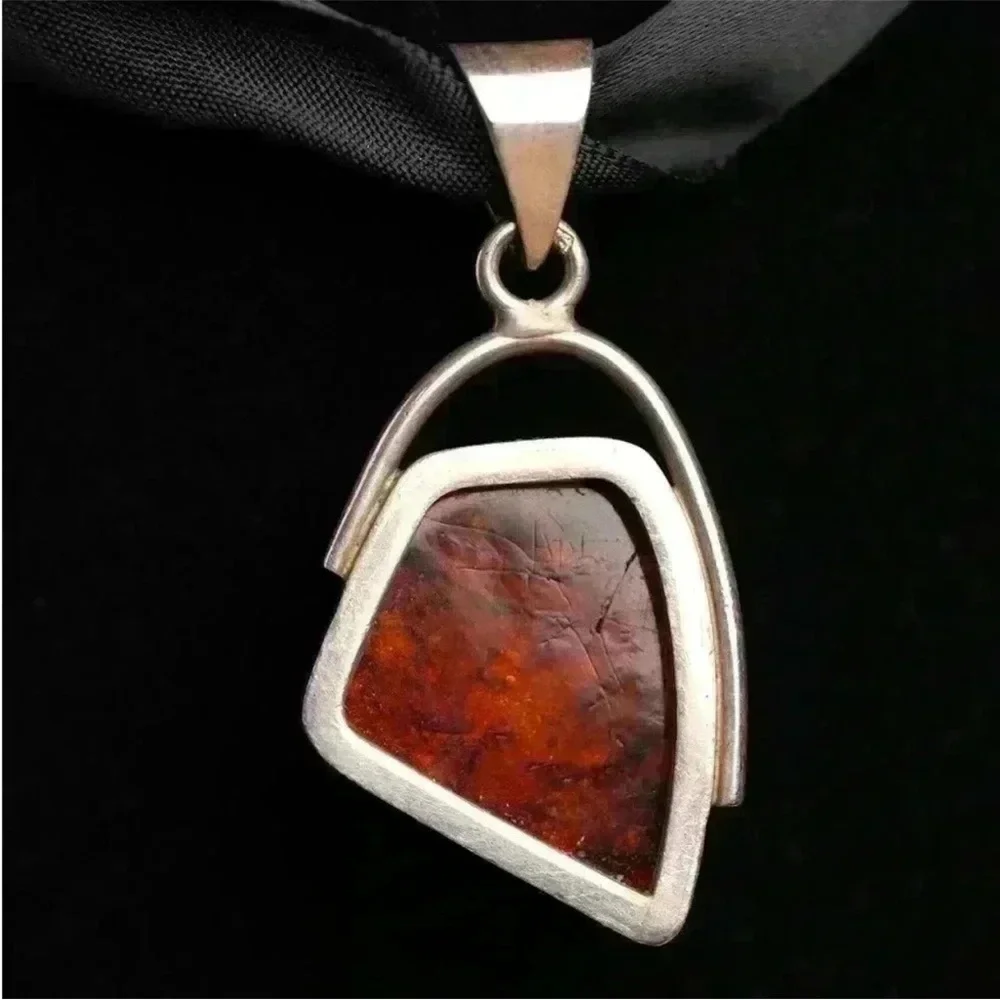 Large Honey Amber Pendant in Sterling Silver Modern Art Design